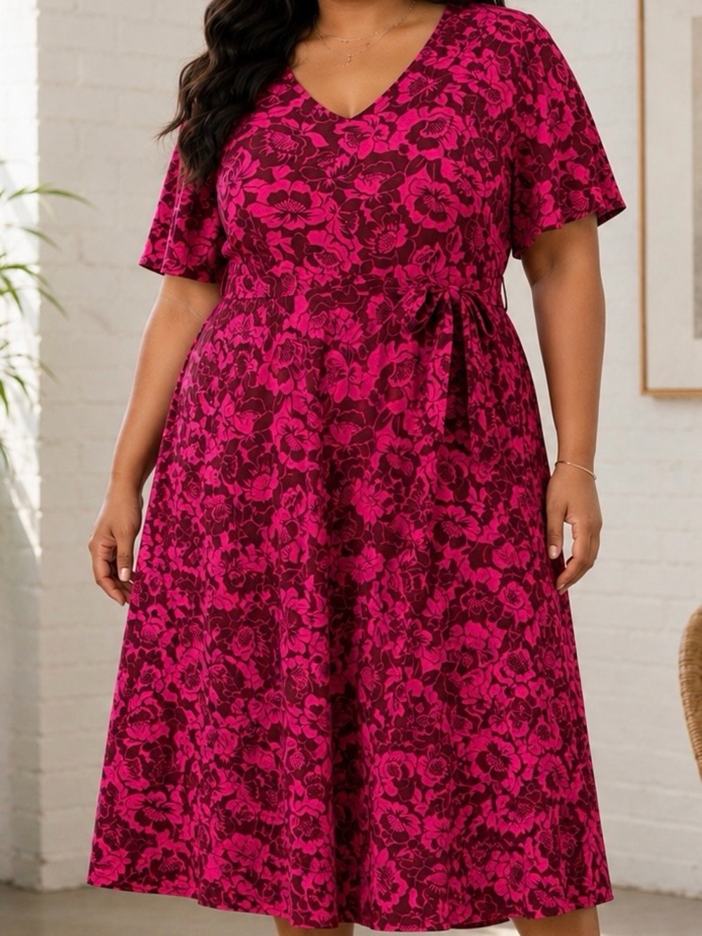 NWT Lane Bryant ‘Lena’ V-Neck Belted Midi Dress in Magenta Pink Floral Size 24